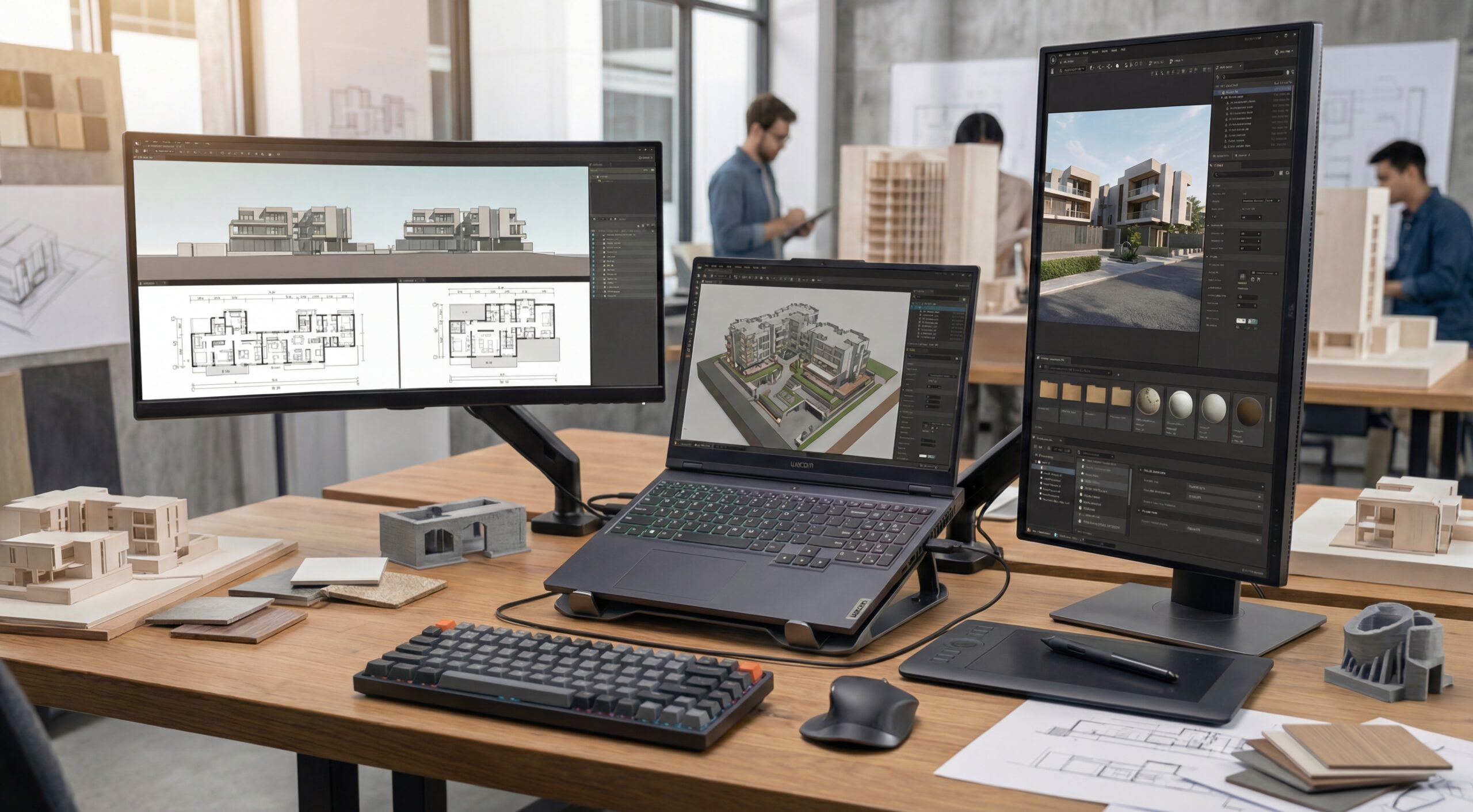 بيئة عمل معماري احترافية مع لابتوب وشاشة خارجية وماوس وكيبورد